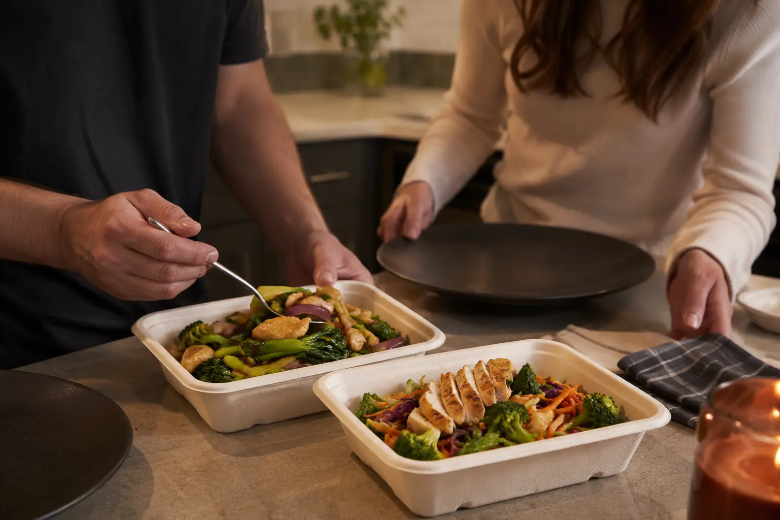 Takeaway dinner being served at home